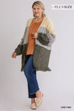 Patchwork Knitted Open Front Cardigan Sweater With Frayed Hem