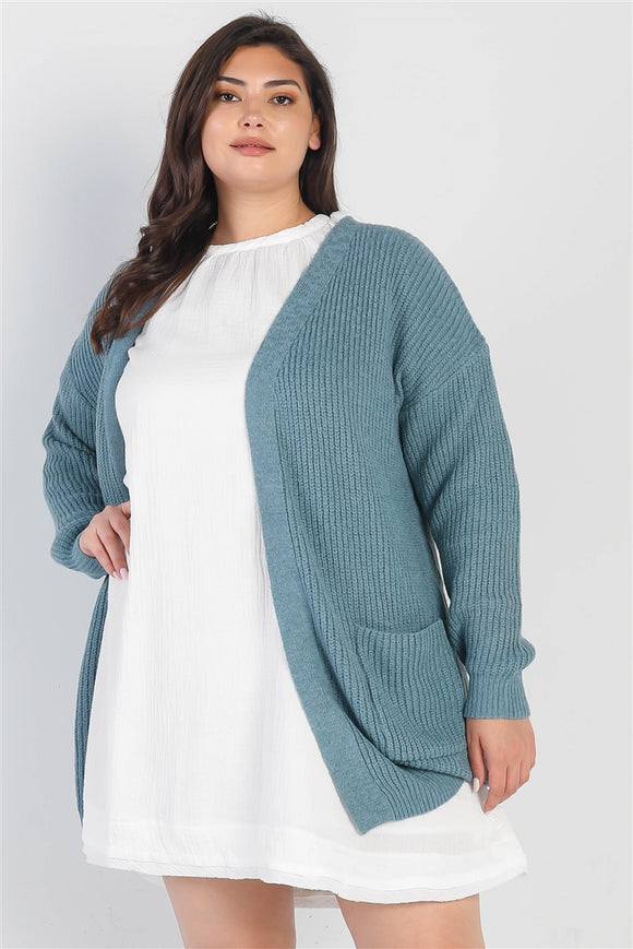 Plus Emerald Blue Knit Open Front Two Pocket Cardigan