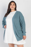 Plus Emerald Blue Knit Open Front Two Pocket Cardigan